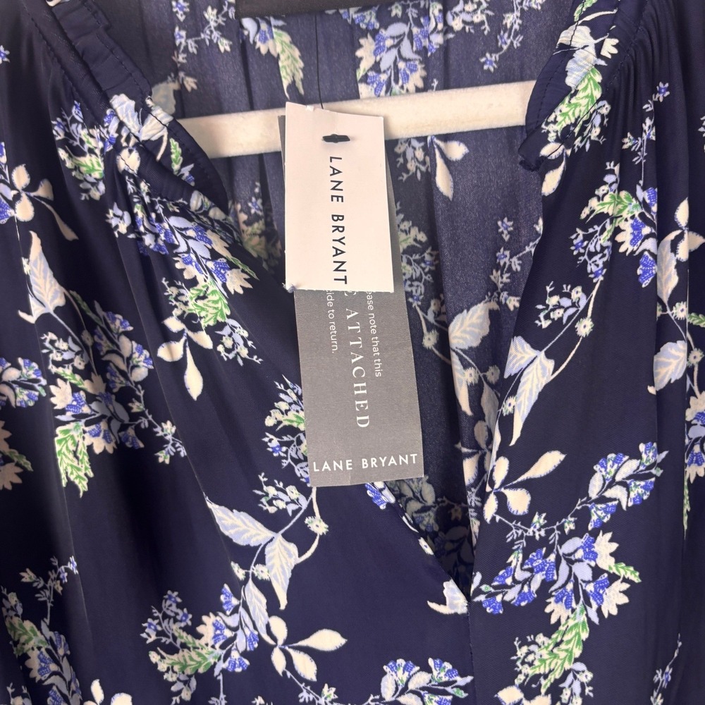 Lane Bryant Floral Midi Dress Womens 16 Navy Blue Short Sleeve Ruffle V-Neck - Picture 3 of 10